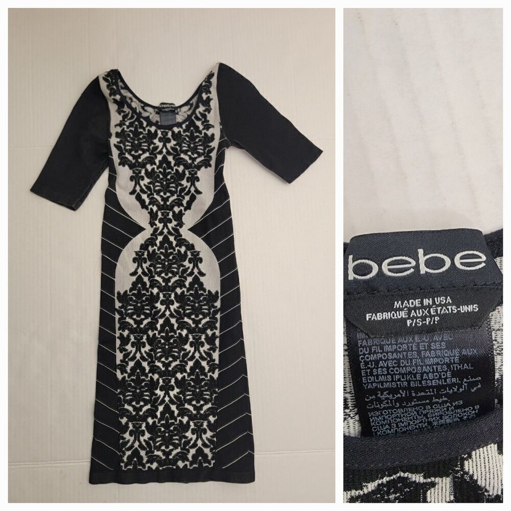 Bebe Bodycon Mini Dress Sz S/P Short Sleeves Gray Floral Stretch Bandage